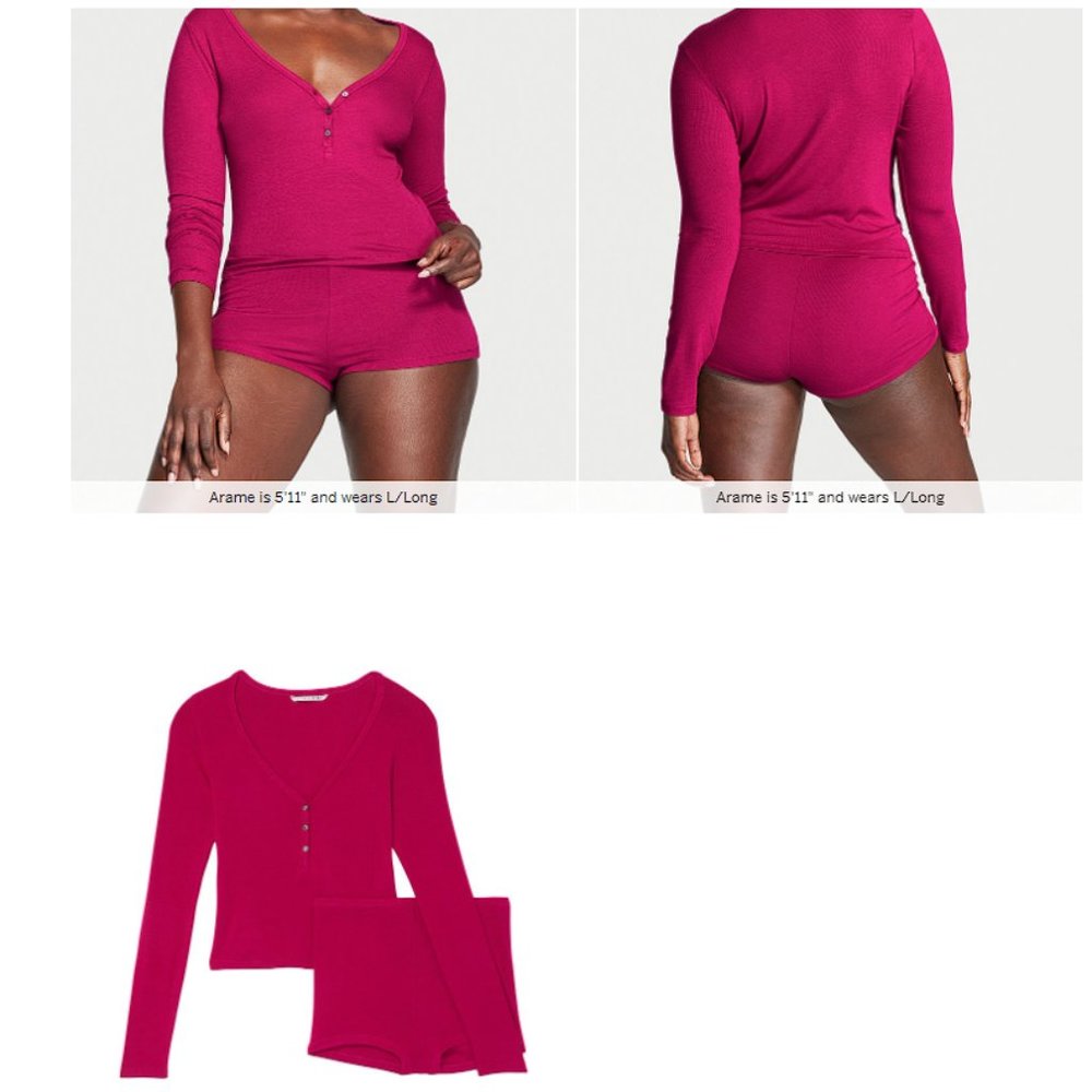 VICTORIA'S SECRET XL Ribbed Modal Henley Short Pajama Set NWT Claret Red Comfy - Picture 3 of 8